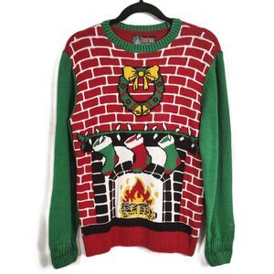 UGLY CHRISTMAS SWEATER Fireplace Scene SMALL Women's Red Green Holiday Crew Neck